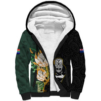 South Africa Protea and New Zealand Sherpa Hoodie Go All Black-Springboks Rugby with Kente And Maori LT9 Unisex Black Green - Polynesian Pride