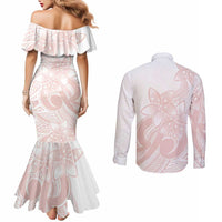 Polynesian Tribal Plumeria Lotu Tamaiti Couples Matching Mermaid Dress and Long Sleeve Button Shirt Pastel Blush - Polynesian Pride