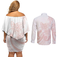 Polynesian Tribal Plumeria Lotu Tamaiti Couples Matching Off Shoulder Short Dress and Long Sleeve Button Shirt Pastel Blush - Polynesian Pride
