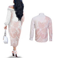 Polynesian Tribal Plumeria Lotu Tamaiti Couples Matching Off The Shoulder Long Sleeve Dress and Long Sleeve Button Shirt Pastel Blush - Polynesian Pride
