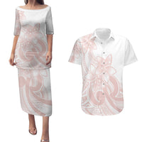 Polynesian Tribal Plumeria Lotu Tamaiti Couples Matching Puletasi and Hawaiian Shirt Pastel Blush - Polynesian Pride