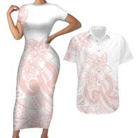 Polynesian Tribal Plumeria Lotu Tamaiti Couples Matching Short Sleeve Bodycon Dress and Hawaiian Shirt Pastel Blush - Polynesian Pride