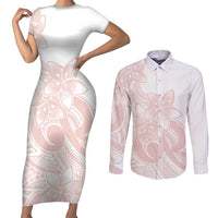 Polynesian Tribal Plumeria Lotu Tamaiti Couples Matching Short Sleeve Bodycon Dress and Long Sleeve Button Shirt Pastel Blush - Polynesian Pride
