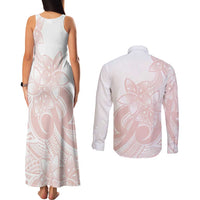 Polynesian Tribal Plumeria Lotu Tamaiti Couples Matching Tank Maxi Dress and Long Sleeve Button Shirt Pastel Blush - Polynesian Pride