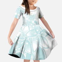 Polynesian Tribal Plumeria Lotu Tamaiti Family Matching Long Sleeve Bodycon Dress and Hawaiian Shirt Pastel Cyan LT9 Daughter's Dress Cyan - Polynesian Pride