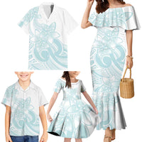 Polynesian Tribal Plumeria Lotu Tamaiti Family Matching Mermaid Dress and Hawaiian Shirt Pastel Cyan LT9 - Polynesian Pride