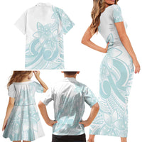 Polynesian Tribal Plumeria Lotu Tamaiti Family Matching Short Sleeve Bodycon Dress and Hawaiian Shirt Pastel Cyan LT9 - Polynesian Pride