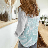 Polynesian Tribal Plumeria Lotu Tamaiti Women Casual Shirt Pastel Cyan LT9 - Polynesian Pride