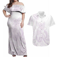 Polynesian Tribal Plumeria Lotu Tamaiti Couples Matching Off Shoulder Maxi Dress and Hawaiian Shirt Pastel Mauve - Polynesian Pride