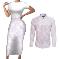 Polynesian Tribal Plumeria Lotu Tamaiti Couples Matching Short Sleeve Bodycon Dress and Long Sleeve Button Shirt Pastel Mauve - Polynesian Pride
