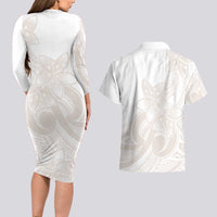 Polynesian Tribal Plumeria Lotu Tamaiti Couples Matching Long Sleeve Bodycon Dress and Hawaiian Shirt Pastel Nude - Polynesian Pride