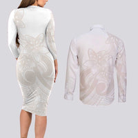 Polynesian Tribal Plumeria Lotu Tamaiti Couples Matching Long Sleeve Bodycon Dress and Long Sleeve Button Shirt Pastel Nude - Polynesian Pride