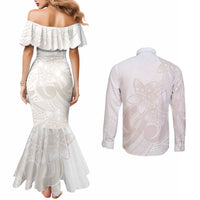 Polynesian Tribal Plumeria Lotu Tamaiti Couples Matching Mermaid Dress and Long Sleeve Button Shirt Pastel Nude - Polynesian Pride