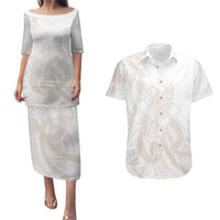 Polynesian Tribal Plumeria Lotu Tamaiti Couples Matching Puletasi and Hawaiian Shirt Pastel Nude - Polynesian Pride