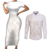Polynesian Tribal Plumeria Lotu Tamaiti Couples Matching Short Sleeve Bodycon Dress and Long Sleeve Button Shirt Pastel Nude - Polynesian Pride