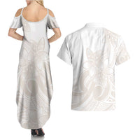 Polynesian Tribal Plumeria Lotu Tamaiti Couples Matching Summer Maxi Dress and Hawaiian Shirt Pastel Nude - Polynesian Pride