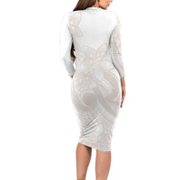 Polynesian Tribal Plumeria Lotu Tamaiti Long Sleeve Bodycon Dress Pastel Nude - Polynesian Pride