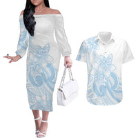 Polynesian Tribal Plumeria Lotu Tamaiti Couples Matching Off The Shoulder Long Sleeve Dress and Hawaiian Shirt Pastel Sky Blue - Polynesian Pride