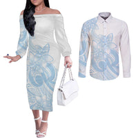 Polynesian Tribal Plumeria Lotu Tamaiti Couples Matching Off The Shoulder Long Sleeve Dress and Long Sleeve Button Shirt Pastel Sky Blue - Polynesian Pride