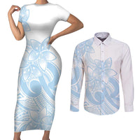Polynesian Tribal Plumeria Lotu Tamaiti Couples Matching Short Sleeve Bodycon Dress and Long Sleeve Button Shirt Pastel Sky Blue LT9 Blue - Polynesian Pride