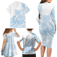 Polynesian Tribal Plumeria Lotu Tamaiti Family Matching Long Sleeve Bodycon Dress and Hawaiian Shirt Pastel Sky Blue - Polynesian Pride