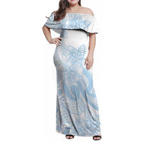 Polynesian Tribal Plumeria Lotu Tamaiti Family Matching Off Shoulder Maxi Dress and Hawaiian Shirt Pastel Sky Blue - Polynesian Pride