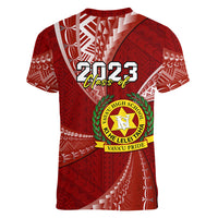 Personalised Tonga Vavau High School Women V Neck T Shirt Class Of Year Tongan Ngatu Pattern LT14 - Polynesian Pride