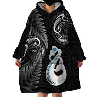Personalised New Zealand Wearable Blanket Hoodie Aotearoa Silver Fern With Manaia Maori Unique Black LT14 - Polynesian Pride