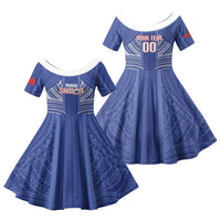 Custom Manu Samoa Rugby 2026 Family Matching Long Sleeve Bodycon Dress and Hawaiian Shirt Samoan Pattern LT14 Daughter's Dress Blue - Polynesian Pride