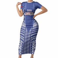 Custom Manu Samoa Rugby 2026 Short Sleeve Bodycon Dress Samoan Pattern LT14 Long Dress Blue - Polynesian Pride