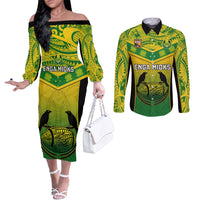Custom Papua New Guinea Rugby Couples Matching Off The Shoulder Long Sleeve Dress and Long Sleeve Button Shirts Enga Mioks PNG Polynesian Pattern LT14 Green - Polynesian Pride