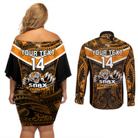 Custom Papua New Guinea Rugby Couples Matching Off Shoulder Short Dress and Long Sleeve Button Shirts Lae Snax Tigers PNG Polynesian Pattern LT14 - Polynesian Pride