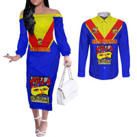 Custom Papua New Guinea Rugby Couples Matching Off The Shoulder Long Sleeve Dress and Long Sleeve Button Shirts Hela Wigmen PNG Polynesian Pattern LT14 Blue - Polynesian Pride