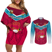 Custom Papua New Guinea Rugby Couples Matching Off Shoulder Short Dress and Long Sleeve Button Shirts Goroka Lahanis PNG Polynesian Pattern LT14 Red - Polynesian Pride