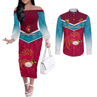 Custom Papua New Guinea Rugby Couples Matching Off The Shoulder Long Sleeve Dress and Long Sleeve Button Shirts Goroka Lahanis PNG Polynesian Pattern LT14 Red - Polynesian Pride