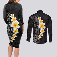 Black Tropical Plumeria With Galaxy Polynesian Art Couples Matching Long Sleeve Bodycon Dress and Long Sleeve Button Shirt