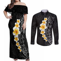 Black Tropical Plumeria With Galaxy Polynesian Art Couples Matching Off Shoulder Maxi Dress and Long Sleeve Button Shirt