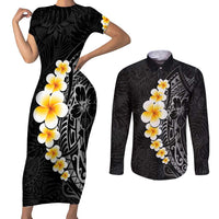 Black Tropical Plumeria With Galaxy Polynesian Art Couples Matching Short Sleeve Bodycon Dress and Long Sleeve Button Shirt