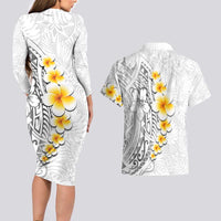 White Tropical Plumeria With Galaxy Polynesian Art Couples Matching Long Sleeve Bodycon Dress and Hawaiian Shirt