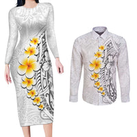 White Tropical Plumeria With Galaxy Polynesian Art Couples Matching Long Sleeve Bodycon Dress and Long Sleeve Button Shirt