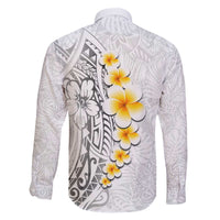 White Tropical Plumeria With Galaxy Polynesian Art Family Matching Off The Shoulder Long Sleeve Dress and Hawaiian Shirt