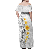 White Tropical Plumeria With Galaxy Polynesian Art Family Matching Off Shoulder Maxi Dress and Hawaiian Shirt