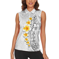 White Tropical Plumeria With Galaxy Polynesian Art Women Sleeveless Polo Shirt