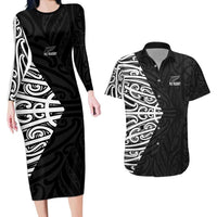 New Zealand Silver Fern Rugby Custom Couples Matching Long Sleeve Bodycon Dress and Hawaiian Shirt Maori Koru Go Black Fern LT14 Black - Polynesian Pride