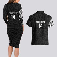 New Zealand Silver Fern Rugby Custom Couples Matching Long Sleeve Bodycon Dress and Hawaiian Shirt Maori Koru Go Black Fern LT14 - Polynesian Pride