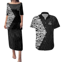 New Zealand Silver Fern Rugby Custom Couples Matching Puletasi and Hawaiian Shirt Maori Koru Go Black Fern LT14 Black - Polynesian Pride
