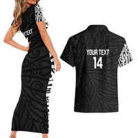 New Zealand Silver Fern Rugby Custom Couples Matching Short Sleeve Bodycon Dress and Hawaiian Shirt Maori Koru Go Black Fern LT14 - Polynesian Pride