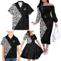 New Zealand Silver Fern Rugby Custom Family Matching Off The Shoulder Long Sleeve Dress and Hawaiian Shirt Maori Koru Go Black Fern LT14 - Polynesian Pride