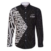 New Zealand Silver Fern Rugby Custom Family Matching Puletasi and Hawaiian Shirt Maori Koru Go Black Fern LT14 Dad's Shirt - Long Sleeve Black - Polynesian Pride