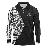 New Zealand Silver Fern Rugby Custom Long Sleeve Polo Shirt Maori Koru Go Black Fern - Polynesian Pride